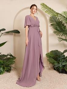 Mgiacy-Pop，新品，V领，纯色，伴娘礼服，褶饰荷叶边，荷叶袖，腰带，不对称，雪纺，长裙 - 紫色 - 查看 5