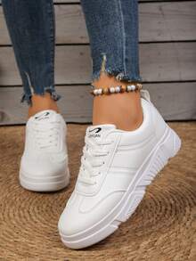 女士白色运动鞋，休闲厚底厚底鞋，防滑增高皮面学生鞋 - 白色 - 查看 6