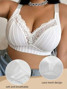 Plus Size Women Wireless Bra, Breathable Non-Slip Lace Patchwork Lift Up Adjustable Strap Seamless Everyday Wear - White - View 7