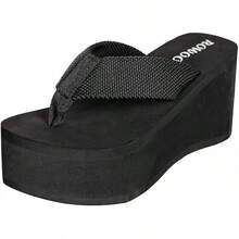 Sandalias de cuña para mujer, plataforma, con tiras, chanclas para Navidad - Negro - Ver 1