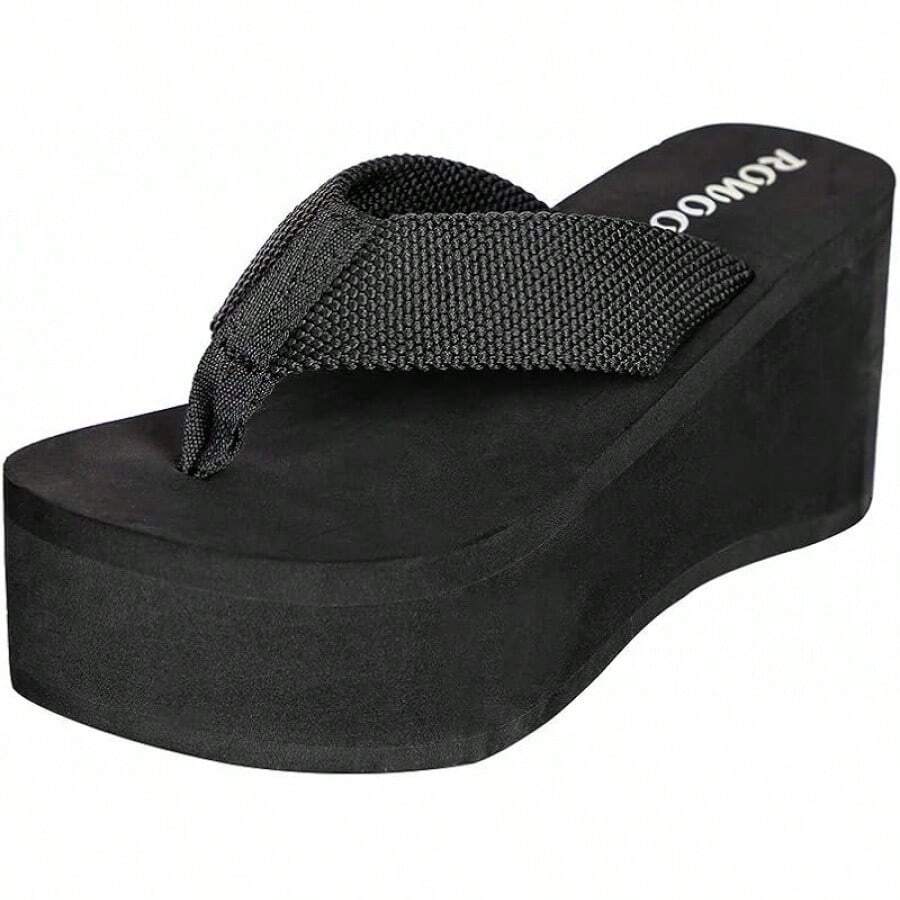 Sandalias de cuña para mujer, plataforma, con tiras, chanclas para Navidad - Negro - Ver 1
