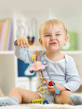 1 pieza Juguete de silicona para tirar, pelota sensorial para juguetear, juguete de silicona para tirar con sonido de sonajero, juguete de desarrollo temprano para bebés de 18+ meses