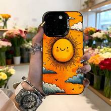 Cubierta de telefono con diseño de sol sonriente naranja y nubes para mujer estilo artístico ideal para uso diario y regalos Aplicable a los teléfonos de la serie Apple y Galaxy - Negro - Ver 2
