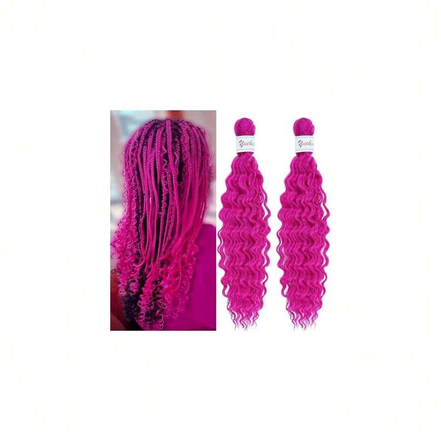 Pink Curly Wavy Braiding Hair Deep Ocean Wave Crochet Hair Pink Boho Hair For Braiding 16 Inch 2 Packs Deep Water Wave Braiding Hair Boho Curls Braids Hair Extensions,MagentaBohoCurls2Packs - 洋紅波西米亞風捲髮2件裝 - 查看 1
