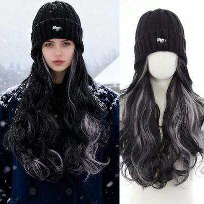 18 Inch Long Curly Wave Wig With Elastic Knitted Cap -Synthetic Blue Highlight Hat Wig For Women High Temperature Fiber, Natural Look For Daily Wear, Basics Style