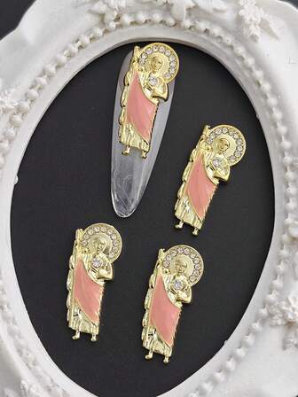 10pcs Exquisite Pink Painted Gold Buddha Statue Diamond-Encrusted 3D Jewelry Set, Suitable For Religious Luxury DIY Nail Art Accessories, Nail Decorations And Gemstone Nail Products.