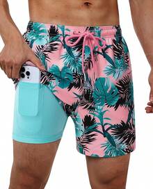 Bañador de hombre con forro de compresión, pantalón corto de baño de 5 pulgadas de entrepierna para hombres - Hoja rosa azul - Ver 1