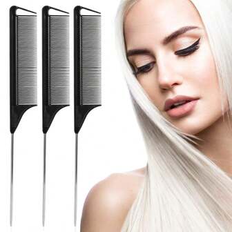 1/3Pcs Mouse Tail Comb, Carbon Steel Tail Comb With Heat-Resistant Metal Paddles, Teasing Styling Comb With Long Steel Needles, Anti-Static Black Styling Tail Hair Comb With Fine Teeth, Metal Fine Tail Teasing Comb Brush Suitable For All Hair Types (Black) Hair Accessories ,Hair Styling Kit ,Hair Tool Kit