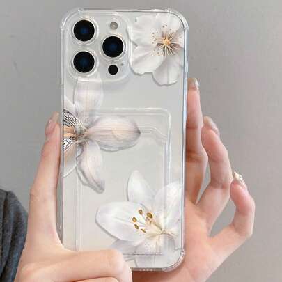 1pc Transparent TPU Phone Case With White Lily Flower Pattern, Compatible With IPhone XS/XS Max/XR/11 12 13 14 15 16 Pro/17/Pro Max/14 15 16 Plus, Can Hold Cards And Photos, Ideal For Holiday Gifts
