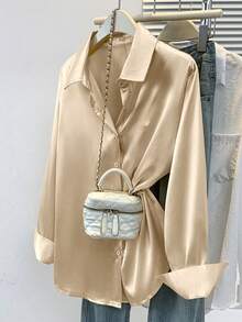 Áo sơ mi satin nữ, kiểu dáng công sở thường ngày, cài cúc, thiết kế cổ bẻ, thanh lịch, phù hợp cho cả đi làm và đi chơi, thích hợp cho mùa thu, đông và xuân. - Rượu sâm banh - Xem 2