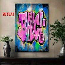 Arte de pared de graffiti urbano - Letras de graffiti planas 2D con BAC en rosa, azul, verde y negro sobre turquesa - Pintura en lienzo envuelta en marco de madera para decoración moderna - Señalización de estilo artístico - Sala de estar, estudio, oficina, palabra de graffiti, 2D plano - transparente - Ver 3