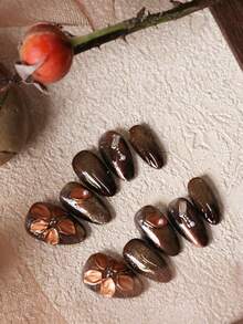 10pcs Press On Nails Supplies Brown Nails Cat's Eye Rose Gold Flower Short Nails Fake Nails Artificial Nails Kit Includes 1sheet Adhesive Tabs &1 Pc Mini File - Multicolor - View 3