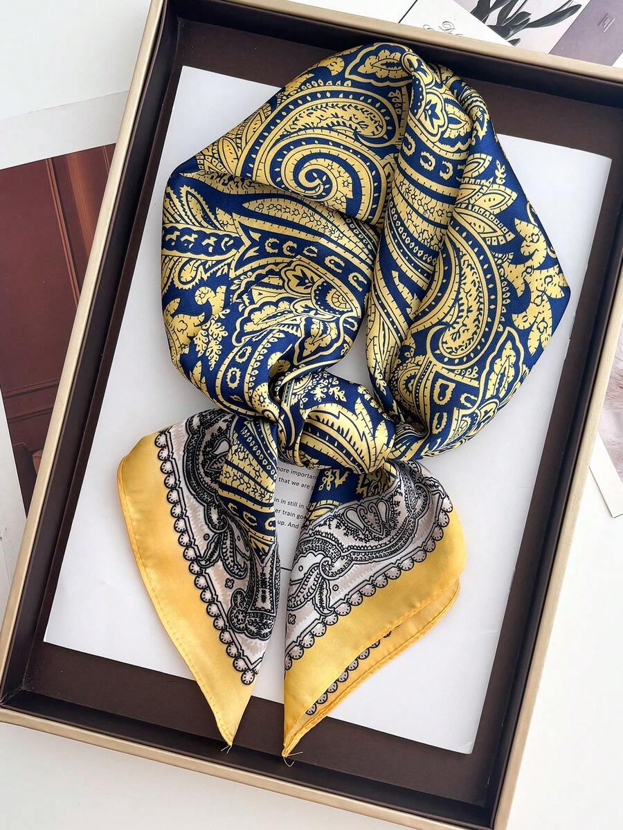 1条70*70厘米方形真丝围巾，女士缎面印花头巾，颈巾，发带，时尚女士披肩，围巾 - 黃色 - 查看 1
