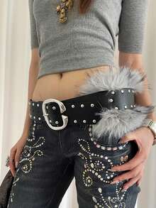 1 pièce Ceinture large en PU noir style punk de rue pour femmes, couleur unie et douce - Noir - Voir 1