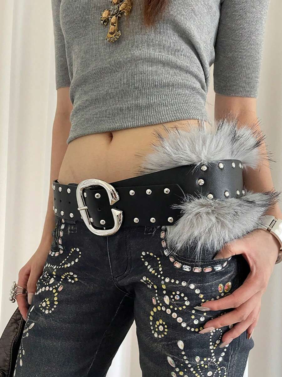 1 pièce Ceinture large en PU noir style punk de rue pour femmes, couleur unie et douce - Noir - Voir 1
