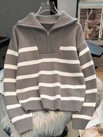 大码女式秋冬新款拉链条纹针织毛衣，时尚高端简约套头衫，百搭