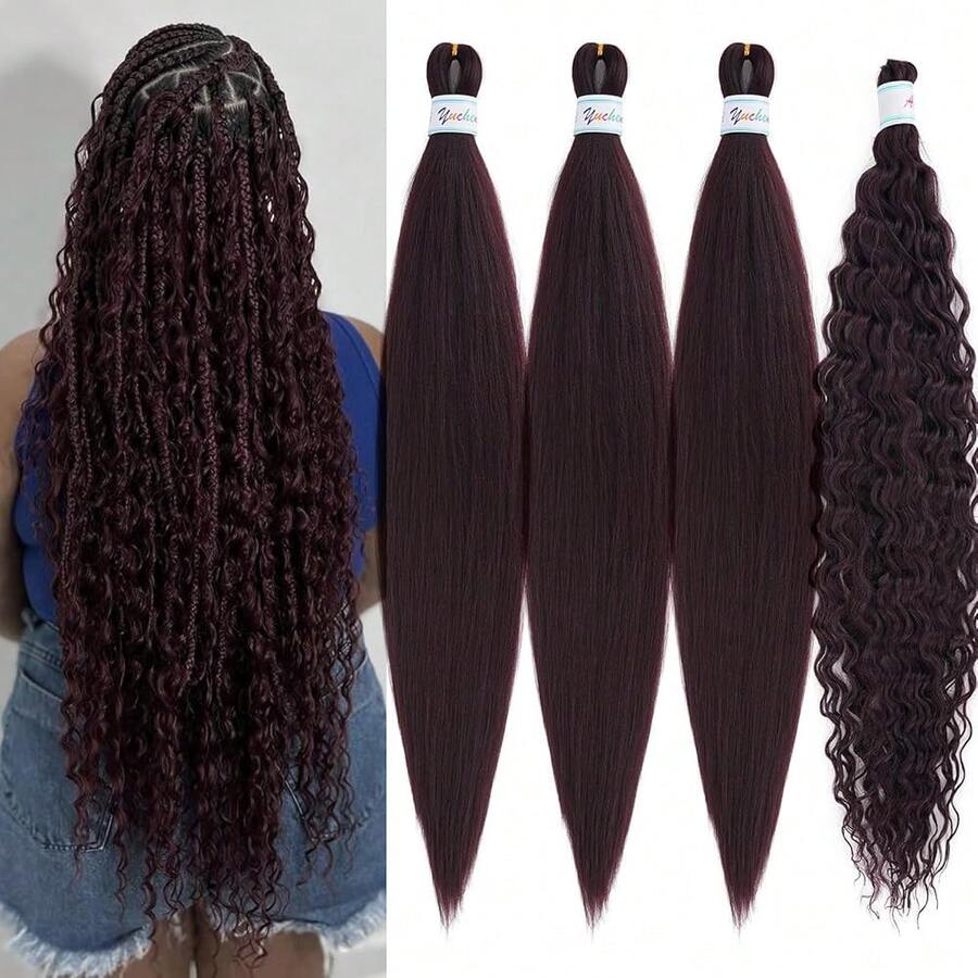 Dark Red Braiding Hair Pre Stretched With Boho Curls Hypoallergenic Knotless Weave Braids 26 Inch Deep Ocean Wave Crochet Hair Curly Wavy Braiding Hair For Boho Braids Synthetic Extensions 4 Packs,99jBohoBraidingHair4Packs - 99jBohoBraidingHair4Packs - 查看 1