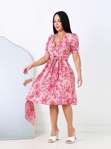 Women's Pink Floral Midi Dress With A Wrap Design, Short Puff Sleeves With A Belt, And A V-Neck. - Soft Baby Pink - View 2