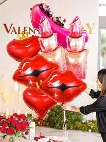7pcs Lipstick & Lip Print Foil Balloon Set, Includes Lipstick Balloon, Lip Print Balloon, Crown Heart Balloon, High Heel Balloon, Suitable For Girls Party, Bachelorette Party, Birthday Decoration, Bridal Shower, Wedding, Masquerade Ball, Makeup Party, Bachelorette, Anniversary Celebration, Valentine's Day - Multicolor - View 3