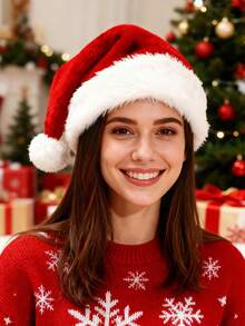 1 pieza Gorro rojo de Navidad de peluche, Gorro de Papá Noel esponjoso, Gorro de invierno para mujer, Accesorio de Navidad unisex, Suministros y regalos para fiestas de Año Nuevo, Gorro de Navidad de invierno - gorro de Papá Noel - Ver 3