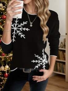 Elegante y de moda suéter navideño con ribetes de bloques de color y copos de nieve para mujer, adecuado para uso diario en otoño/invierno