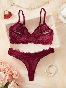 2pcs Set European & American Style Burgundy Lace Sexy Hollow Out Underwire Lingerie Set For Women - Burgundy - View 3