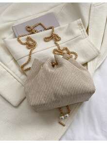 Casual Drawstring Shoulder Bucket Bag, Vintage - White - View 3
