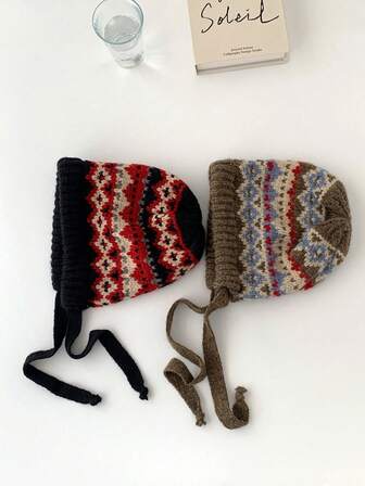 Vintage Knitted Hat For Women, Autumn/Winter New Warm Ear Protection Hat, Versatile Cute Knitted Cap, Niche Hat, Suitable For Large Head Circumference, Retro Knitted Hat For Big Face, Fair Isle Pom Pom Knitted Knitted Hat, Autumn/Winter Outdoor Travel Photo Shooting Retro Knitted Hat For Women