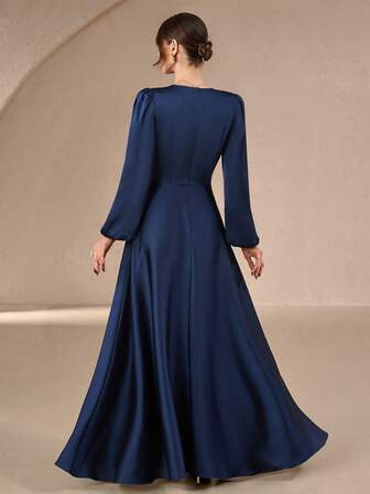 Women's New Style Elegant Romantic Autumn-Winter Satin Long Dress – Voluminous Puff Sleeves, V-Neckline, High Waist, Slim Silhouette, Ideal For Wedding Gatherings & Formal Parties