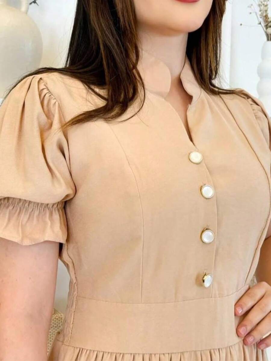 Elegant Women's Dress, Simple Fabric, Button-Down Dress, Wedding, Birthday Party, Summer, Sensual Fabric - Light Beige - Xem 1