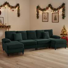 112" Upholstered U Shaped Sectional Couches, Corduroy Living Room Furniture,Large 4-Seater Sofa With Double Chaises And Sleepable Armrests,Throw Pillows For Couches Sofas Living Room - 綠色 - 查看 1