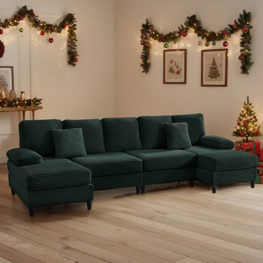112" Upholstered U Shaped Sectional Couches, Corduroy Living Room Furniture,Large 4-Seater Sofa With Double Chaises And Sleepable Armrests,Throw Pillows For Couches Sofas Living Room - 綠色 - 查看 1