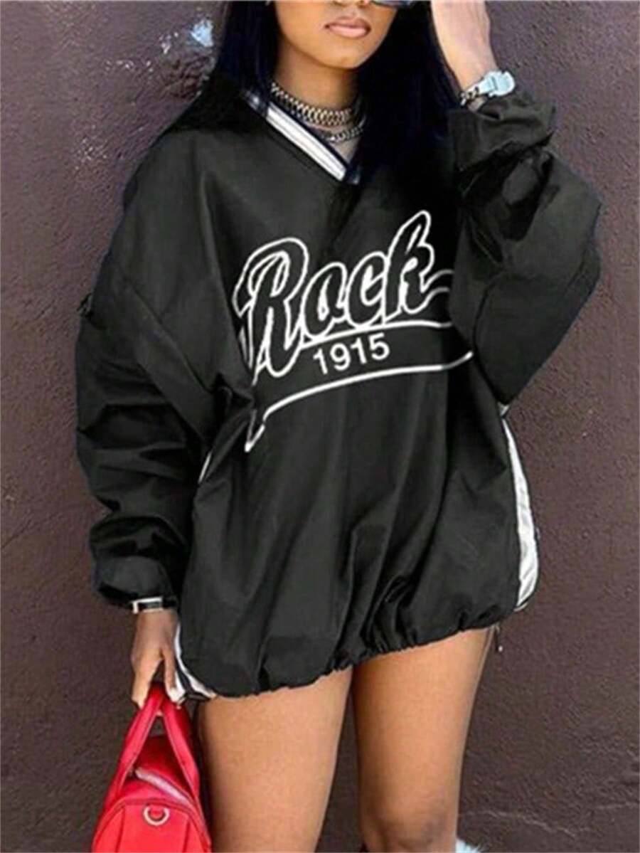 Spring Fashion Solid Color Street Loose Tops Casual Women's Letter Printing Draw Rope V-Neck Y2k Top For Women