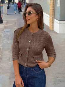 Cárdigan de punto para mujer FOR BEAUTY, de manga larga y cuello redondo, con diseño de bolsillo delantero con botones, de estilo casual minimalista y elegante, adecuado para ir al trabajo, volver al colegio, y usar en otoño/invierno y Año Nuevo - Marrón - Ver 4