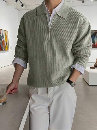 男士休闲拉链针织毛衣，有领，百搭秋冬