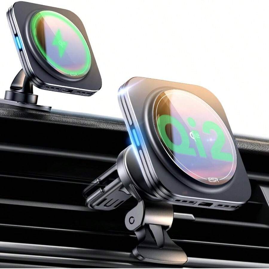 para Qi2 Cargador de Montaje de Coche de 15, Cargador de Coche Certificado Qi2, Cargador de Coche magntico inalmbrico de ventilacin de Aire/salpicadero, Soporte para telfono - negro - - Ver 1
