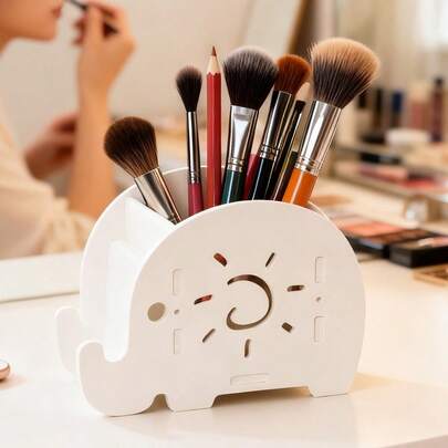 1个可爱大象造型多功能收纳架，日式清新风格白色大象造型化妆工具收纳架，带手机支架，适合四季梳妆台收纳