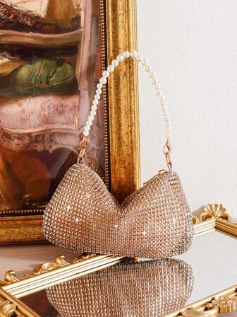 迷你水钻装饰手提包，优雅晚宴手拿包，适合派对、时尚场合，可装手机、口红等，日常使用、约会、购物等。