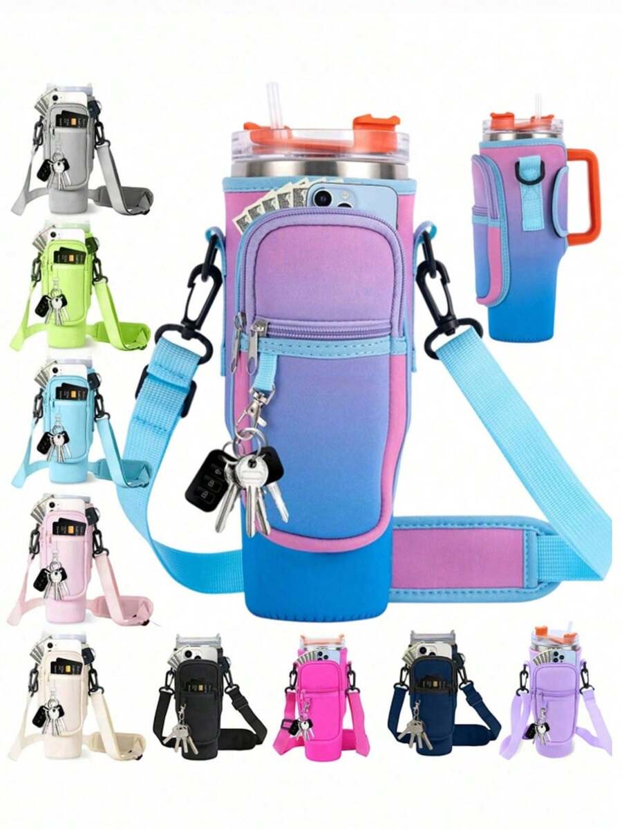 1pc Water Bottle Carrier Sleeve With Phone Pouch, Fits /Maggie 40oz (1134ml) Water Bottle, With Handle And Adjustable Shoulder Strap, Accessory For Tumblers, Suitable For Travel, Camping, Outdoor, Office, School, Valentine's Day Gift - Multicolor - View 1