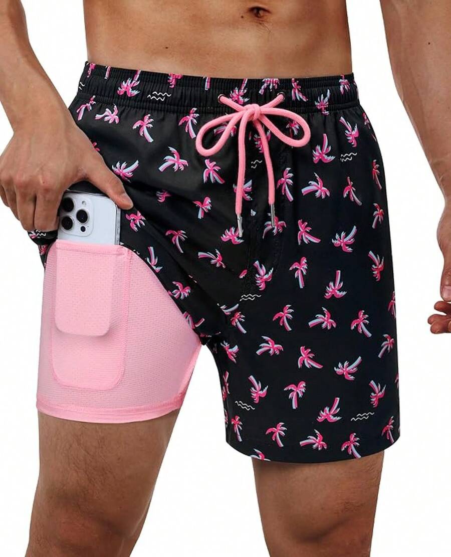 Bañador de hombre con forro de compresión, pantalón corto de baño de 5 pulgadas de entrepierna para hombres - Árbol de coco rosado - Ver 1