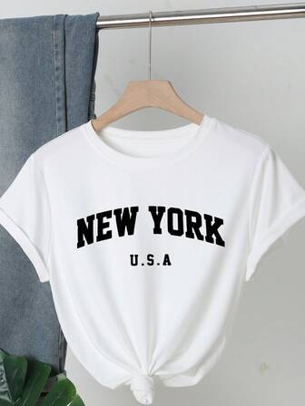 字母印花圆领 T 恤，休闲宽松短袖夏季 T 恤上衣，女款