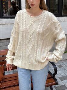 Classic Cable Knit Solid Crew Neck Casual Pullover Sweater - Apricot - View 1