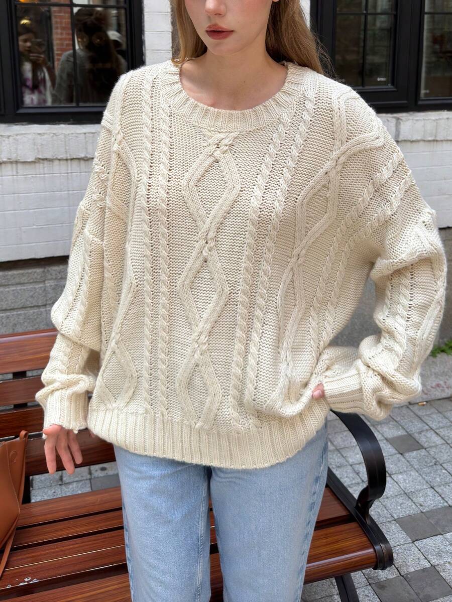Classic Cable Knit Solid Crew Neck Casual Pullover Sweater - Apricot - View 1