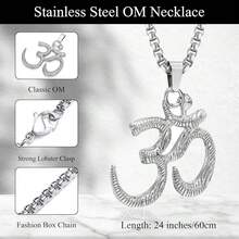 Stainless Steel Om Necklace For Men Women, Gold Plated/Silver/Black Yoga Charm Pendant Necklaces Aum Om Ohm Sanskrit Sym.Bol Hindu Meditation Chain Necklace,Mens Womens Jewelry Gifts,Silver - 銀色 - 查看 4