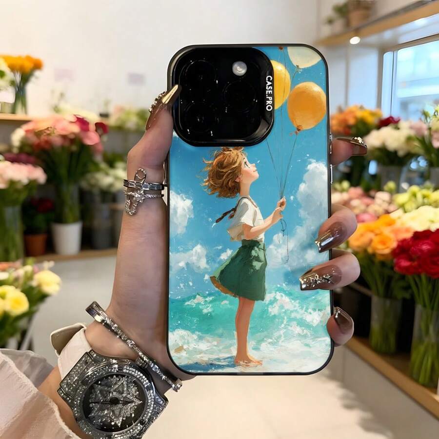 Cubierta de teléfono con diseño de niña con globos azul cielo y verde para mujer estilo veraniego ideal para uso diario y ocasiones casuales Aplicable a los teléfonos de la serie Apple y Galaxy - Negro - Ver 1