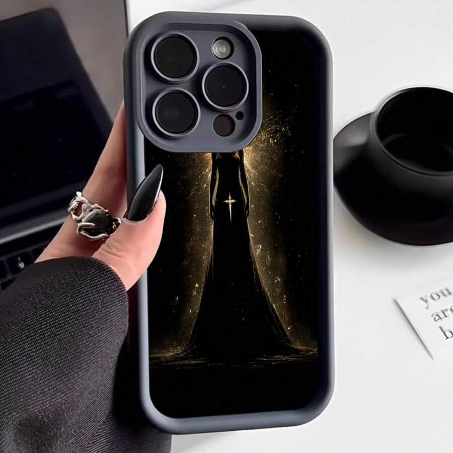 Cubierta de telefono con borde negro diseño de figura dorada con cruz estilizada para uso diario y ocasiones especiales - Café integral - Ver 1