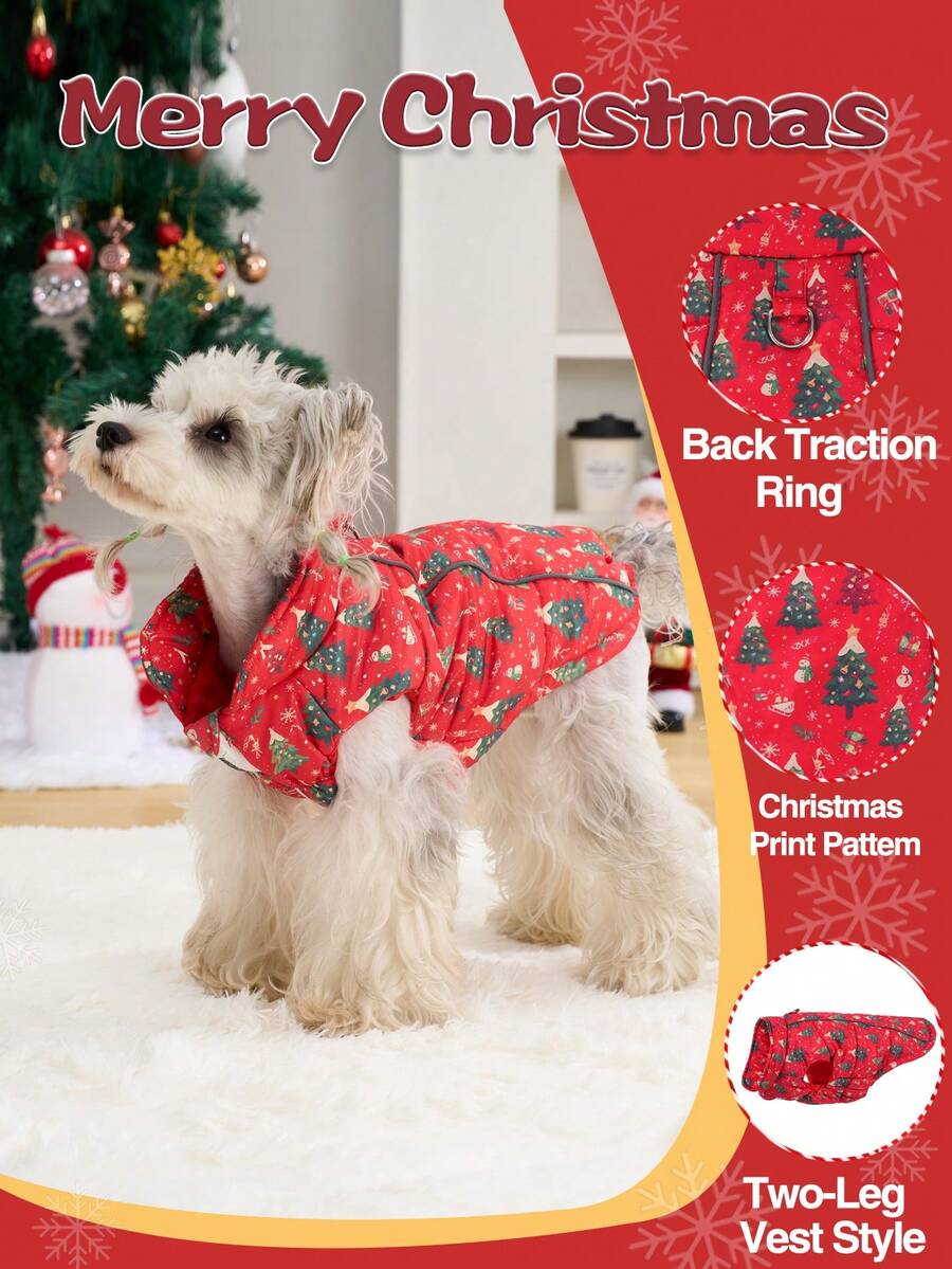 1 bộ quần áo Giáng sinh mới cho chó, áo khoác họa tiết cây thông Noel dễ thương cho chó, trang phục ngày lễ cho chó có lót nhiệt và dày, phù hợp cho chó cỡ trung và nhỏ vào mùa đông - Hồng - Xem 1