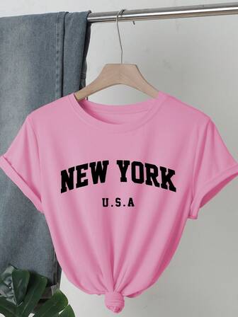 字母印花圆领T恤，休闲宽松短袖夏季T恤上衣，针织面料，女款