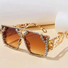 Women's Fashion Geometric Glasses With Crystal Rhinestones, Protective, Gradient Lenses, Tortoiseshell Frame - Perfect Birthday Gift For Her, Fashion Glasses - 亮黑色框架雙灰膜1 - 查看 8