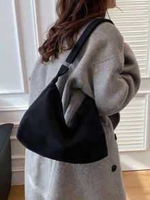 1pc Black Faux Suede Fabric Smooth Zipper Adjustable Strap Fashion Casual Minimalist Solid Color Winter New Niche Shoulder Bag, Suitable For Women's Daily Use - Black - View 9